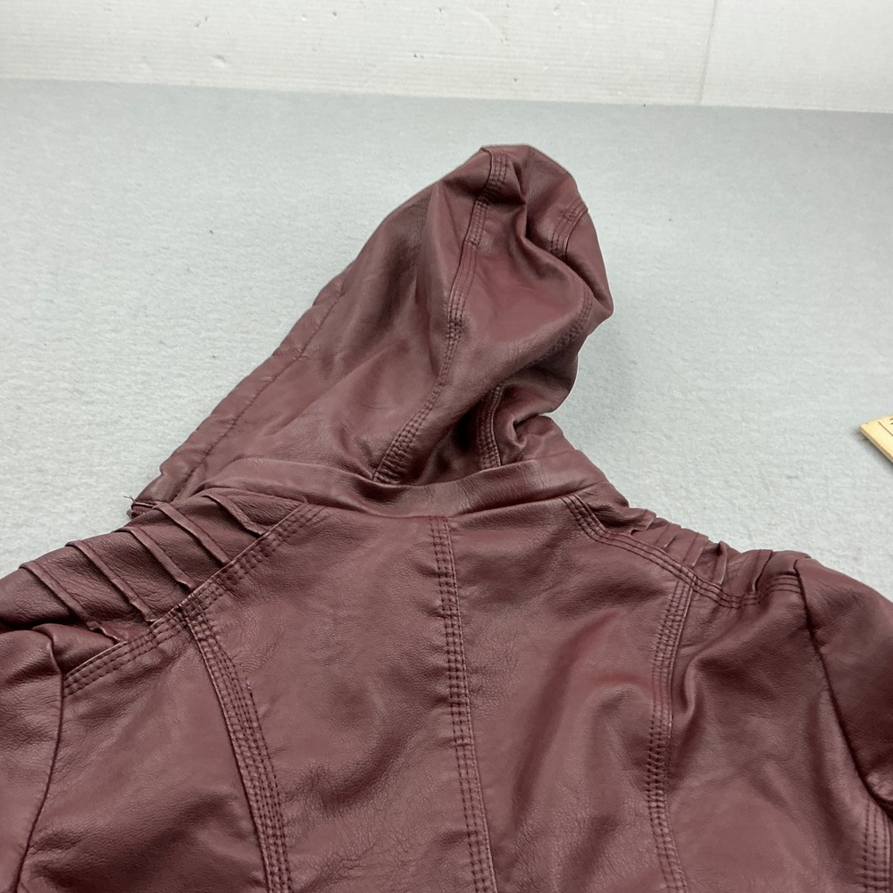 Burgundy Faux Leather Hooded Moto Jacket Faux Fur Lined Pockets Med Streetwear - Picture 7 of 16